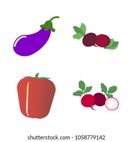 Vegetables icon set with 4 about radish, aubergine, beet, red, capsicum and eggplant