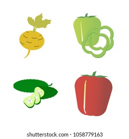 Vegetables icon set with 4 about bell pepper, root, red, yellow, capsicum and cucumber