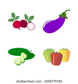 Vegetables icon set with 4 about aubergine, yellow, slice, eggplant, slices and bell peppers