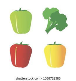 Vegetables icon set with 4 about red, yellow, capsicum, green, bell pepper and broccoli