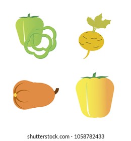 Vegetables icon set with 4 about yellow, capsicum, pumpkin, gourd, root and turnip