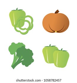 Vegetables icon set with 4 about broccoli, gourd, bell pepper, slices, green and capsicum