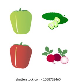 Vegetables icon set with 4 about radish, bell pepper, cucumber, capsicum, red and slice