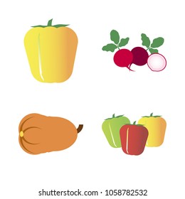Vegetables icon set with 4 about capsicum, pumpkin, yellow, gourd, muslim and bell peppers