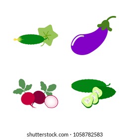 Vegetables icon set with 4 about slice, aubergine, eggplant, slices, cucumber and radish