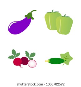 Vegetables icon set with 4 about cucumber, pepper, two, capsicum, radish and aubergine