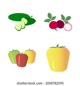 Vegetables icon set with 4 about slice, bell pepper, radish, capsicum, yellow and slices