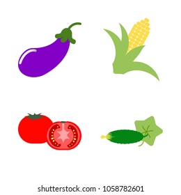 Vegetables icon set with 4 about aubergine, tomato, cucumber, eggplant and corn