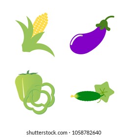 Vegetables icon set with 4 about slices, cucumber, capsicum, corn, aubergine and eggplant