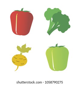 Vegetables icon set with 4 about root, turnip, broccoli, green, capsicum and yellow