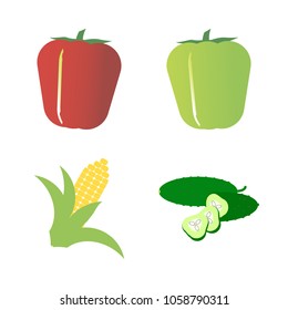 Vegetables icon set with 4 about corn, capsicum, cucumber, bell pepper, slice and red