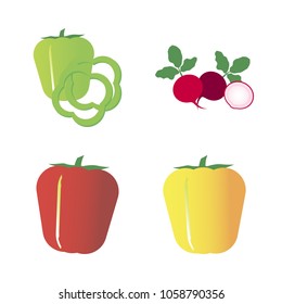 Vegetables icon set with 4 about red, bell pepper, yellow, radish, slices and capsicum