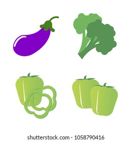 Vegetables icon set with 4 about capsicum, pepper, green, aubergine, two and slices