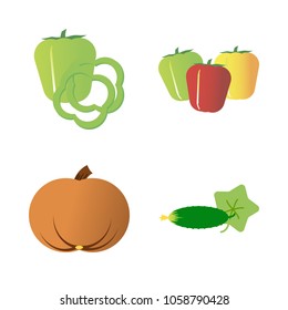 Vegetables icon set with 4 about cucumber, slices, green, capsicum, gourd and bell peppers