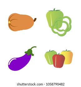 Vegetables icon set with 4 about eggplant, green, long, gourd, red and yellow