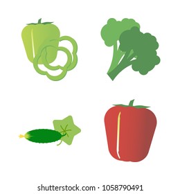 Vegetables icon set with 4 about broccoli, cucumber, green, capsicum, slices and red