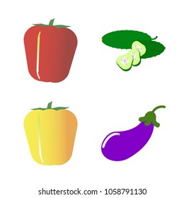 Vegetables icon set with 4 about yellow, eggplant, aubergine, red, slices and slice
