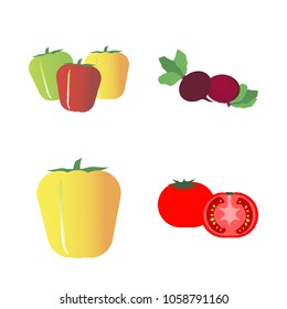 Vegetables icon set with 4 about tomato, green, capsicum, red, bell pepper and beet