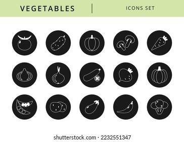 Vegetables icon set. Black and white vector illustration. Tomato, cucumber, pepper, carrot, pumpkin, onion and etc.