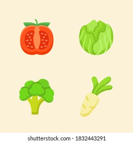 Vegetables icon set collection tomato cabbage brocolli radish white isolated background with color flat cartoon style