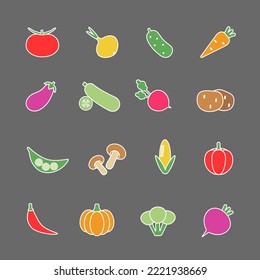 Vegetables icon set. Color vector illustrations in flat style. Tomato, cucumber, radish, carrot, pumpkin, onion and etc.