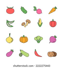 Vegetables icon set. Color vector illustrations in flat style. Editable stroke. Tomato, cucumber, pepper, carrot, pumpkin, onion and etc.