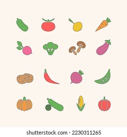 Vegetables icon set. Color vector illustrations in flat style. Editable stroke. Tomato, cucumber, pepper, carrot, pumpkin, onion and etc.