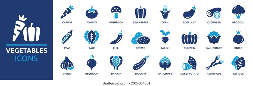 Vegetables icon set. Containing carrot, tomato, mushroom, broccoli, eggplant, corn, cucumber and lettuce icons. Solid icon collection. Vector illustration.
