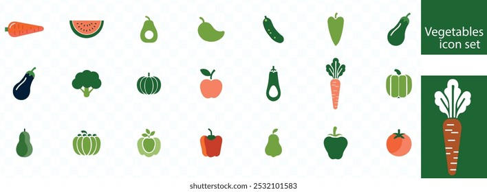 Vegetables icon set. Containing carrot, tomato, mushroom, broccoli, eggplant, corn, cucumber and lettuce icons. Solid icon collection