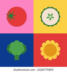 Juego de iconos de verduras. Conjunto plano de tomate fresco, brócoli, maíz, iconos vectores de pepino para emblema, logo, signo, placa, web y diseño de impresión. Sencillo, geométrico y moderno.