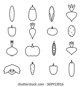 Vegetables icon set. Flat line icons. Isolated elements on white background. Clean and simple style. Organic food concept. Vector illustration for modern design.
