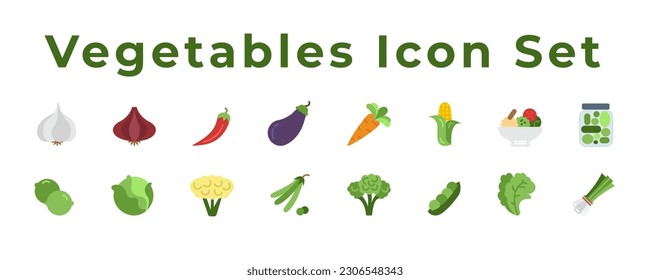 vegetables Icon Set include Onions, garlic, corn, eggplant, cabbage, chili, broccoli, carrots and peas, Greens Icon Set pack vector eps file