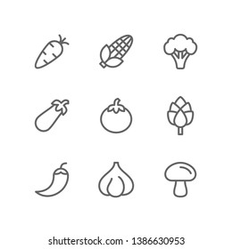 Vegetables icon set including carrot, broccoli, corn, eggplant, tomato, harvest, artichoke, chili, pepper, garlic, onion, mushroom