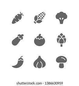 Vegetables icon set including carrot, broccoli, corn, eggplant, tomato, harvest, artichoke, chili, pepper, garlic, onion, mushroom