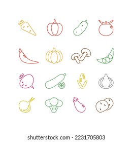 Vegetables icon set in line design. Color vector illustration. Tomato, cucumber, pepper, carrot, pumpkin, onion and etc.