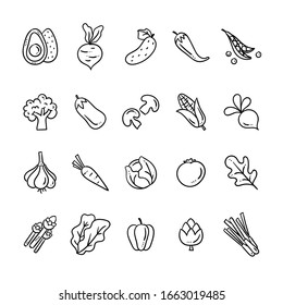 Vegetables icon set on white background. Cute hand drawn healthy food vector illustrations. Healthy eating collection 