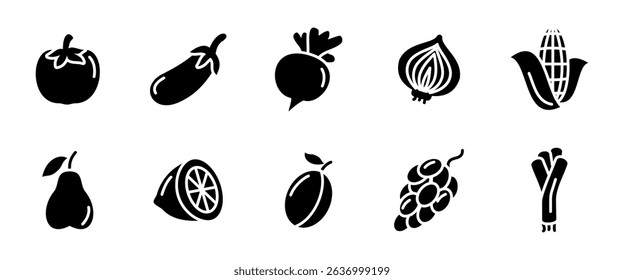 Vegetables icon set. Outline collection of fresh organic vegetables like tomato, onion, salad and corn vector illustration. Healthy food and nutrition symbol. Farm harvest and vegan diet black sign.