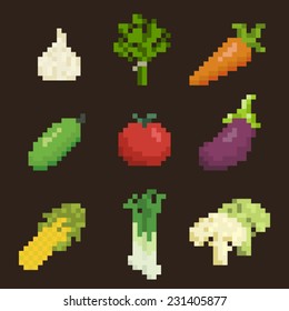 Vegetables icon set, pixel art style