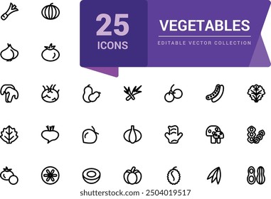 Vegetables icon set. Pixel perfect, minimalistic web and UI icon. Outline icon collections. Editable vector illustration.