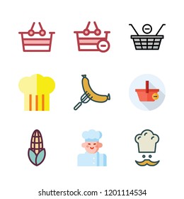 vegetables icon set. vector set about chef, chestnut icon, shopping basket and sausage icons set.