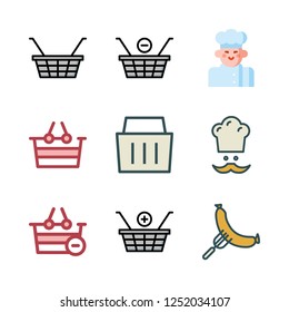 vegetables icon set. vector set about shopping basket, chef and sausage icons set.