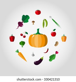Vegetables. Icon set for web and mobile application. Vector illustration on a white background. Flat design style.