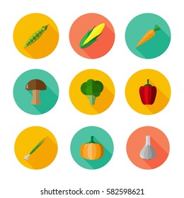 Vegetables. Icon set for web and mobile application. Vector illustrations on a white background. Flat design style.