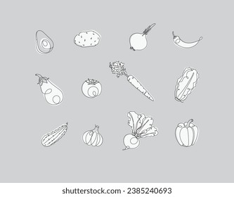 Vegetables icons avocado, potato, onion, chili, eggplant, tomato, carrot, lettuce, cucumber, garlic, beet, pepper drawing in linear style on grey background