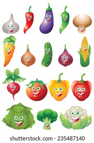 Vegetables icons cartoon character set