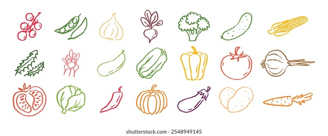 Ícones de vegetais giz mão desenhada doodle set. Desenho de giz de cera. Ilustração vetorial