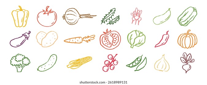 Ícones de vegetais giz mão desenhada doodle set. Desenho de giz de cera. Ilustração vetorial