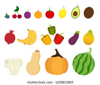 Vegetables icons. Collection farm product isolated on white background. From small to big. From blueberry to watermelon. Vector illustration.