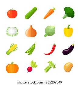 Iconos de verduras conjunto plano con coliflor brócoli col col cucupember aislado ilustración vectorial