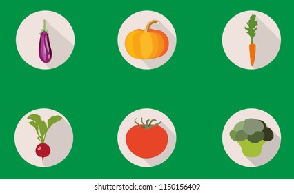 Vegetables icons flat set with radish pumpkin, broccoli, tomato, eggplant and carrot isolated vector illustration